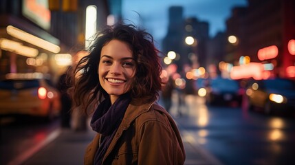 A happy woman in a busy city.