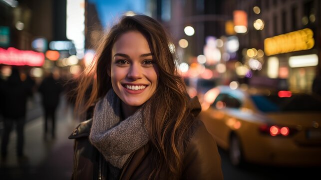 A happy woman in a busy city.