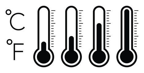 Temperature symbol set.Weather Sign.Temperature icons vector set.Thermometer isolated vector signs on white background.Hot cold measurement heat cold icon. - obrazy, fototapety, plakaty