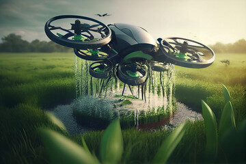 Modern technologies in agriculture. industrial drone flies over a green field and sprays useful pesticides to increase productivity and destroys harmful insects. increase productivity. High quality - obrazy, fototapety, plakaty
