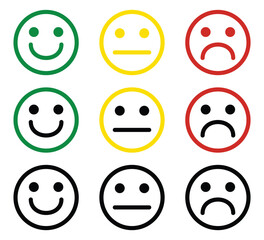 Face smile icon positive, negative neutra vector.Basic emoticons set.Emoji icon set on white background.Happy and sad emoji smiley faces for apps and websites.Vector illustration.