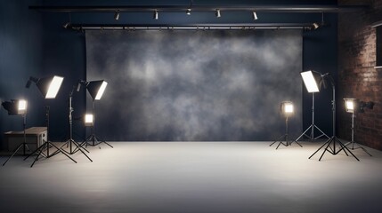 A stylish studio background bathed in the soft glow of projector lights.
