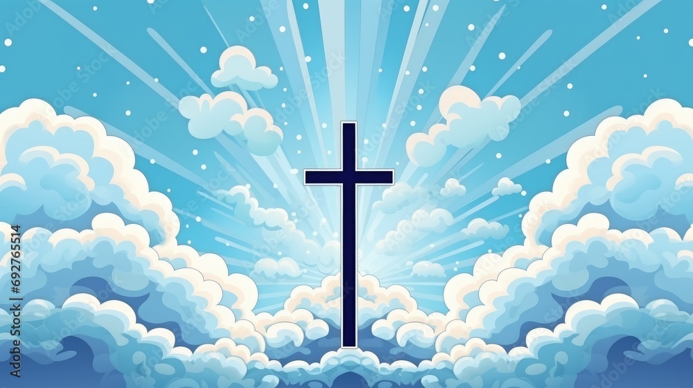 Wall mural illustration of christian cross with sun rays on blue background with clouds. concept of religion, p