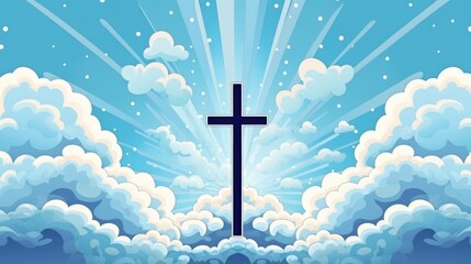 illustration of christian cross with sun rays on blue background with clouds. concept of religion, paradise, holy week - obrazy, fototapety, plakaty