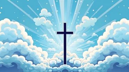 Foto op Plexiglas illustration of christian cross with sun rays on blue background with clouds. concept of religion, paradise, holy week © Pelayo