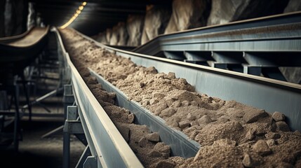 An image conveyor belt carrying crushed stones in a cement plant. - obrazy, fototapety, plakaty