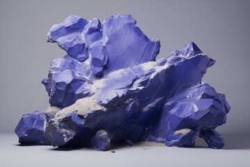 Fototapeta premium An indigo stone, uncut and rough with various bright white highlights on certain facings; against a grey gradient background; raw minerals