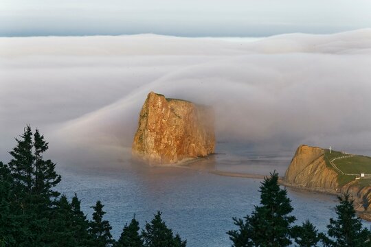 Fog at Perce Rock, Gulf of Saint Lawrence, Province of Quebec, Canada, North America