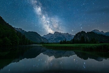 Milky Way over Almsee, Reflection, Totes Gebirge, Gruenau, Almtal, Salzkammergut, Upper Austria,...