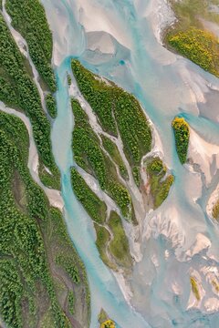 Aerial view, river delta with islands, river Glomaga, Mo i Rana, Norway, Europe