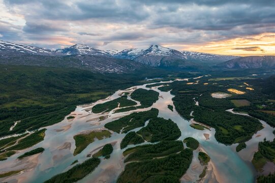 Aerial view, river delta with islands and mountains, river Glomaga, Mo i Rana, Norway, Europe