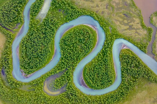 River landscape from the air, close-up, Laddjujohka river, Nikkaluokta, Lapland, Sweden, Europe