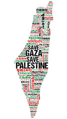 Obraz premium Palestine in different languages creating word artwork in the shape of Palestine map with Palestine colors