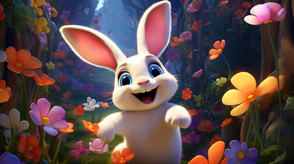 A playful cartoon Easter bunny hopping through an animated field of vibrant flowers and whimsically designed Easter eggs, spreading delight.