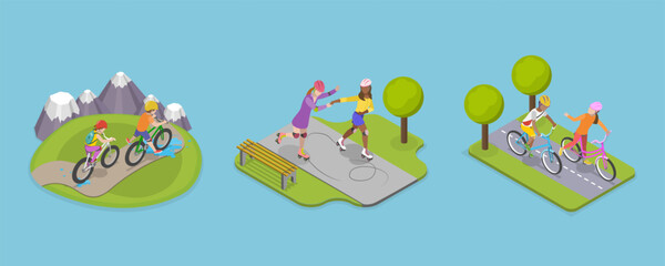 Naklejka premium 3D Isometric Flat Vector Illustration of Friends Activities, Joyful Young People