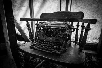 Old typewriter in Liarsville, a former boomtown created in the 19th century for journalists who...