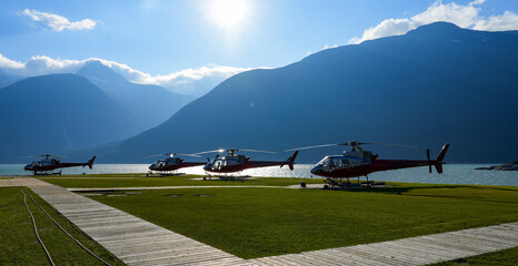 Red helicopter parked at Skagway Airport in Alaska © Alexandre ROSA
