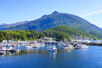 Sailboats in the marina of Ketchikan, the southernmost city of Alaska, surrounded by the Tongass...