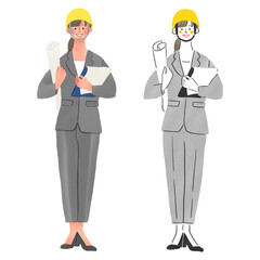 建築関係の仕事をするヘルメットをかぶった女性の全身手描きイラスト
