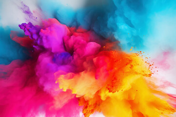 Close-up of splashed of vibrant colorful powders, Holi festival celebration, generative ai