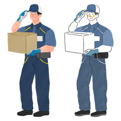 荷物を届ける宅配便の男性全身手描きイラスト