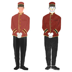 ホテルで働く制服を着た男性全身手描きイラスト