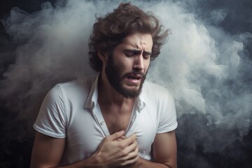 Severe Heartache: A Man Suffers from Chest Pain and Stress, with Cardiac Pressing and Numbness in Chest - Heart Attack Concept