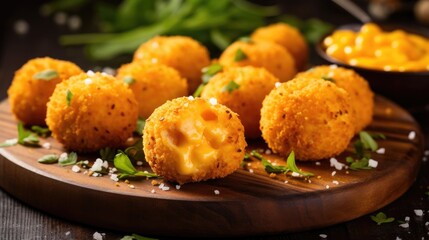 Deep Fried Mac and Cheese Balls on a Wooden Platter with Tasty Sauce and Selective Focus. Delicious and Healthy Snack with Mozzarella Cheese and Golden Background