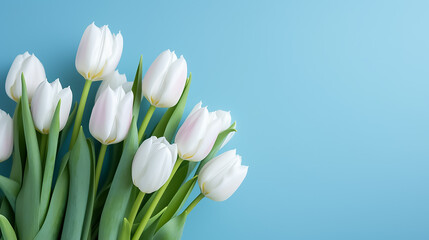 Spring bouquet of white tulips on an isolated blue background with copyspace, pastel colors.