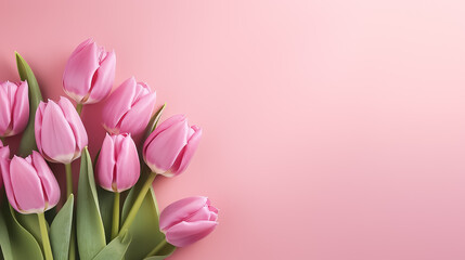 Spring bouquet of pink tulips on an isolated pink background with copyspace, pastel colors.