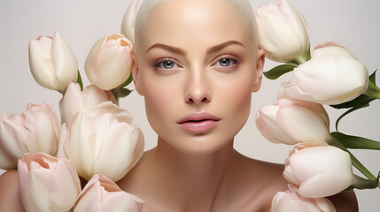 Beautiful young woman with bald head after chemotherapy on isolated white background with white spring tulips, World Cancer Day.