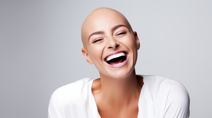 Beautiful young woman with bald head after chemotherapy on isolated white background, World Cancer Day.