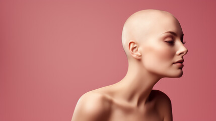 Beautiful young woman with bald head after chemotherapy on isolated pink background, World Cancer Day.