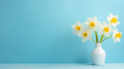 Spring bouquet of white daffodils on an isolated blue background with copyspace, pastel colors.