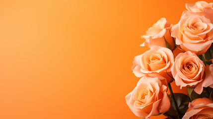Spring bouquet of orange roses on an isolated orange background with copyspace, pastel colors.