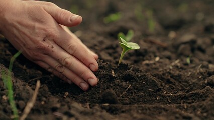 Gardener takes care of green sprout in soil with his hands. Planting. Farmers hands work in soil. Sprouted seeds in fertile soil. Agricultural industry. Plant growth time. Green seedling. Grow crops