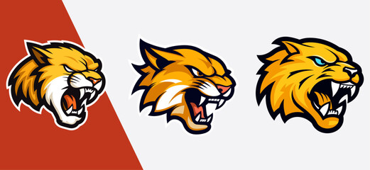 Set of Saber-Toothed Tiger, Smilodon Logos for Esports and Sports: Vector Cartoon Illustrations on Stickers and T-shirts