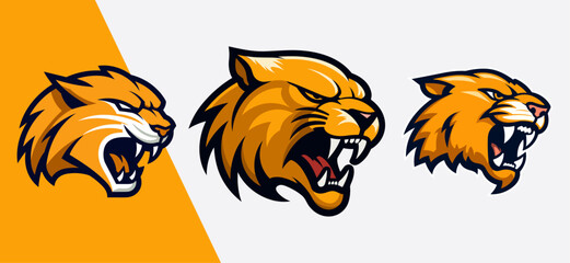Set of Saber-Toothed Tiger, Smilodon Mascots for Esports and Sports: Vector Cartoon Illustrations on Stickers and T-shirts