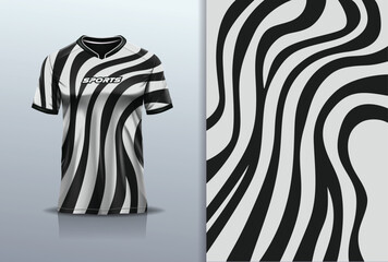 T-shirt mockup with abstract zebra seamless pattern jersey design for football, soccer, racing, esports, running, in black white color