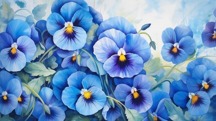 Illustration of vibrant blue pansies in full bloom. - obrazy, fototapety, plakaty