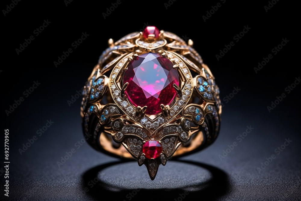 Wall mural a 3d display of geometric patterns in a blend of ruby and topaz, intricately layered against a backd