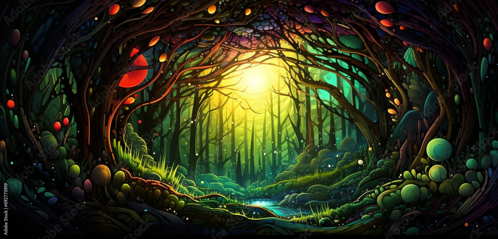 Wall mural a captivating 3d mosaic showcasing a burst of colors and intricate patterns on a lush forest green b