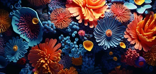 Tuinposter A captivating 3D mosaic with intricate color contrasts and dynamic patterns against a deep ocean blue background. © Haji