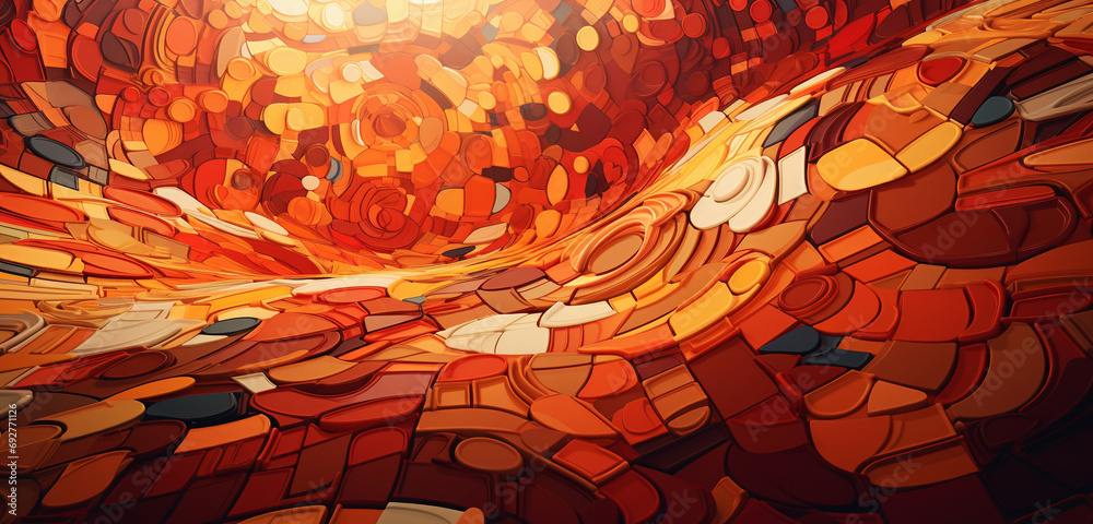 Sticker a complex 3d colorful mosaic arrangement with a symphony of colors and shapes on a backdrop of fiery