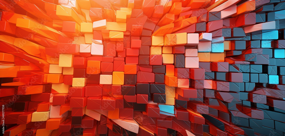 Poster a complex 3d colorful mosaic arrangement with a symphony of colors and shapes on a backdrop of fiery