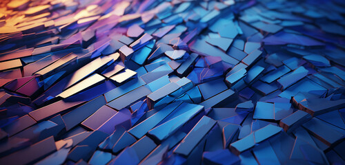 A complex 3D abstract mosaic with intricate color interplays and dynamic contrasts against a...