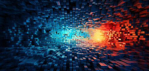 A complex 3D abstract mosaic with intricate color interplays and dynamic contrasts against a celestial blue background.