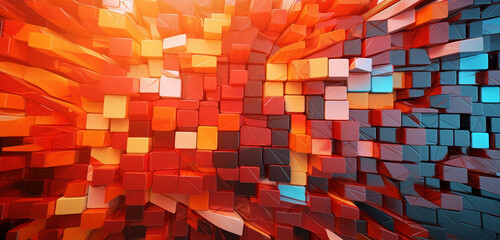 A complex 3D colorful mosaic arrangement with a symphony of colors and shapes on a backdrop of fiery orange tones.