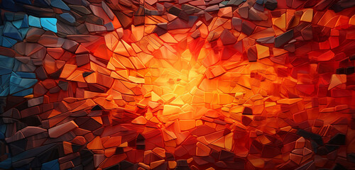 A complex 3D colorful mosaic arrangement with a symphony of colors and shapes on a backdrop of fiery orange tones. - obrazy, fototapety, plakaty