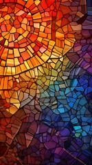 A complex 3D colorful mosaic arrangement with a symphony of colors and shapes, adjusted to a 916 aspect ratio against a backdrop of fiery orange tones.